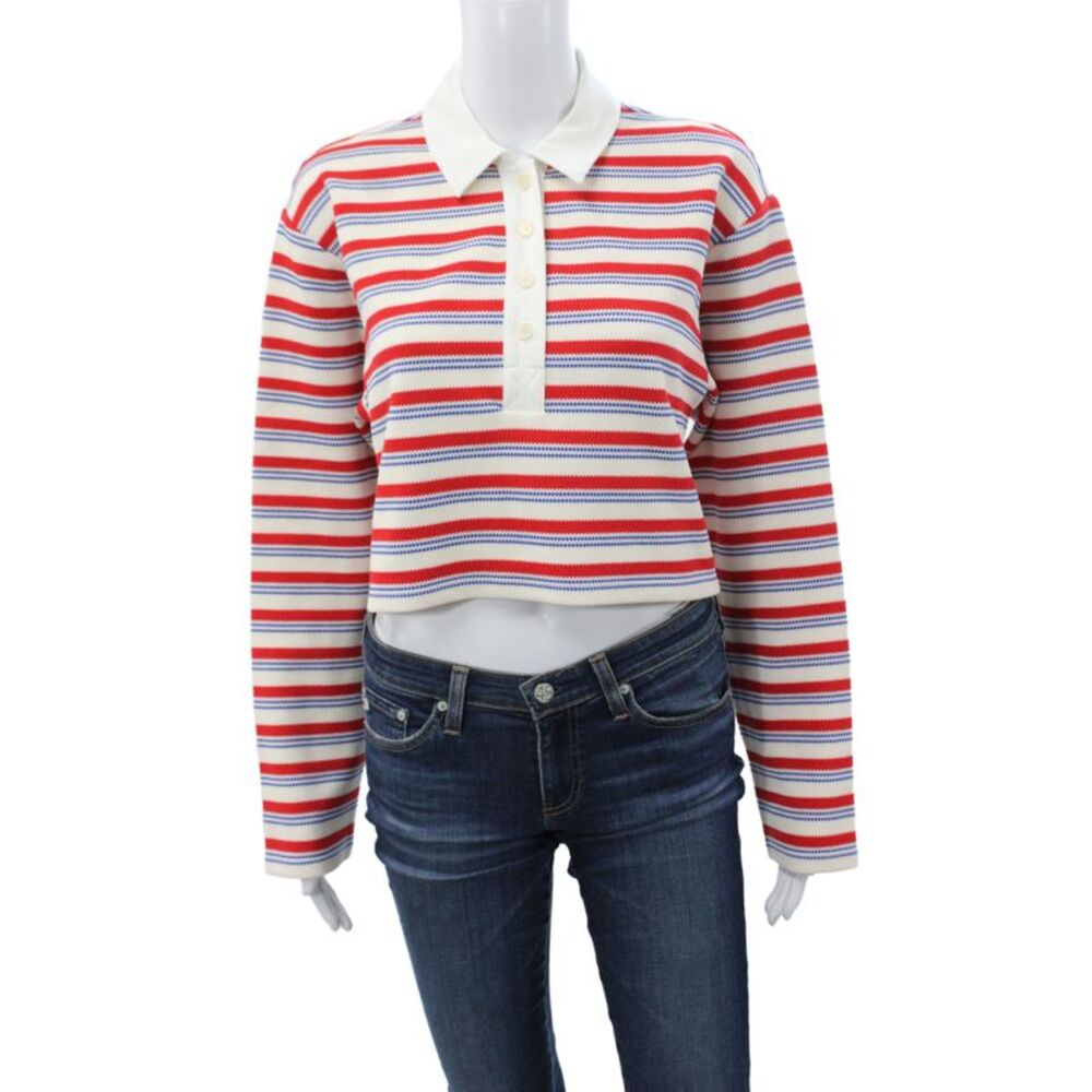 Reformation Womens Red Striped Cropped Collared Polo Long Sleeve Button Size XS